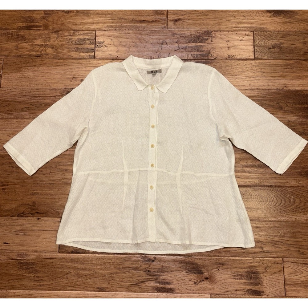 Flax White Linen Textured Button Up Shirt‎ Peplum Lagenlook Women's 18-20 1G